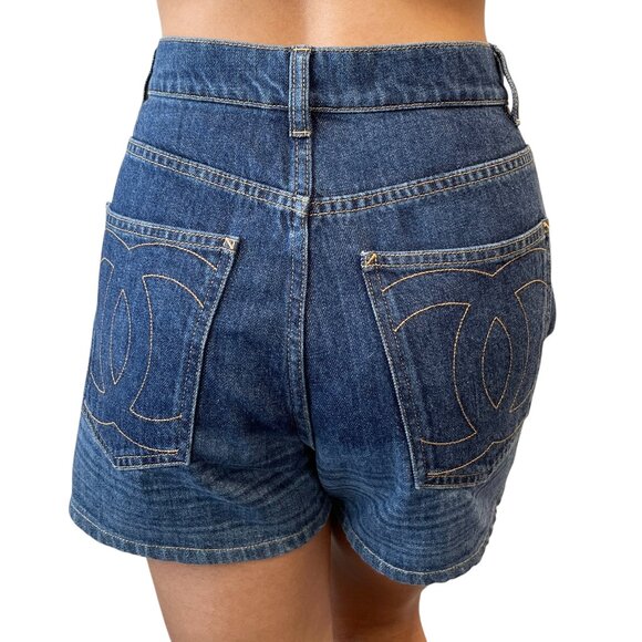 CHANEL Vintage P47482 CC Mark Logo Denim Short Pants #36 Blue [106477] - Picture 1 of 12